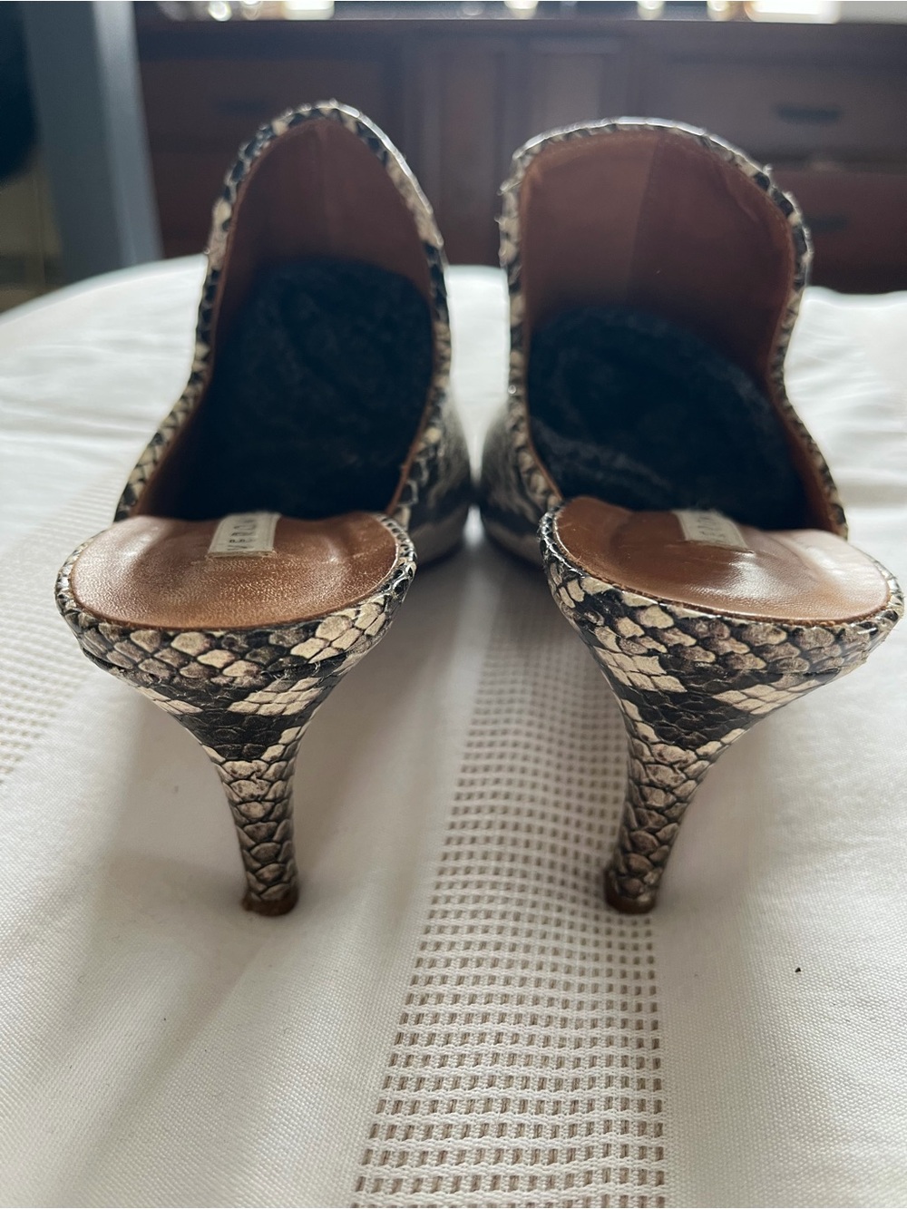 Veronica Beard Snake-Print Pointed Mules in Beige and Black - Picture 2 of 5